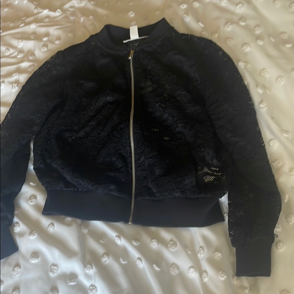Lace Bomber Jacket with Ribbed Cuffs and Waistband